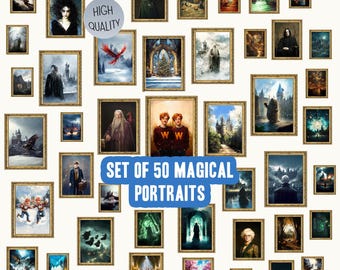 50 Magical Printable Portraits, Wizards Wall Art, PDF Digital Wizarding Home Decor Posters, Christmas Magical School Witch Bundle Art