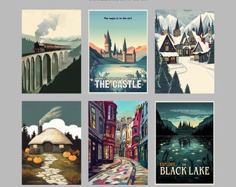 Set of 7 Wizards Travel Posters, Printable Wall Art, Digital Wizarding School Print, Wizards and Witches Home Decor