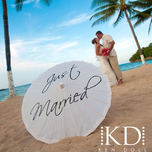 Destination Wedding Ceremony Decor Just Married Wedding Parasol Umbrella Photography Prop Beach Wedding Decor Idea Just Married Sign