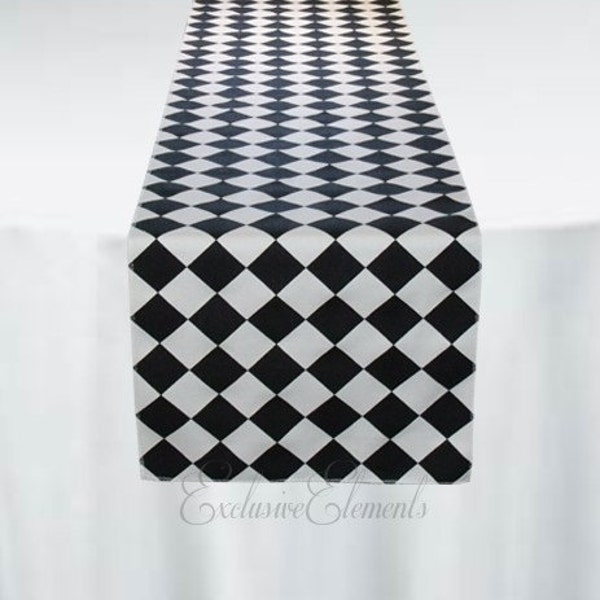Black and White Table Runner Diamond Check Table Centerpiece Harlequin Decor Wedding Linens Black Retro Table Linens Mad Hatter Party Decor