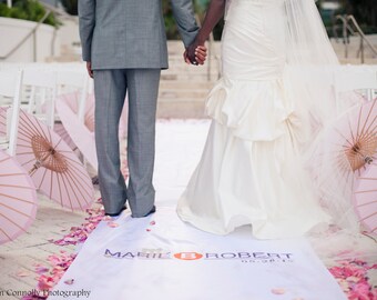 Handpainted Custom Monogram Wedding Aisle Runner: White or Ivory Real Fabric, 25 ft