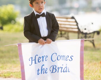 Letrero de boda, pancarta "Aquí viene la novia", decoración para el pasillo de la ceremonia, portador de anillos, accesorio fotográfico para niña de las flores