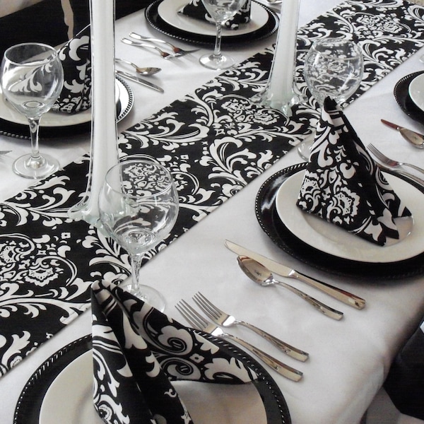 Black and White Table Runner Wedding Table Centerpiece Linens Decoration Floral Damask Decor Party Anniversary Centerpiece Decor