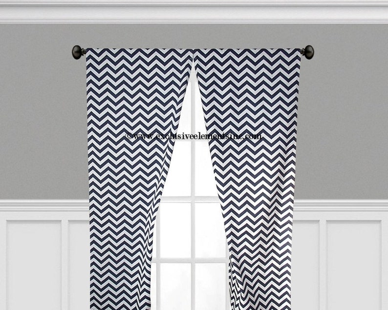 Navy Blue Curtain Panels Modern Geometric Chevron Damask Etsy