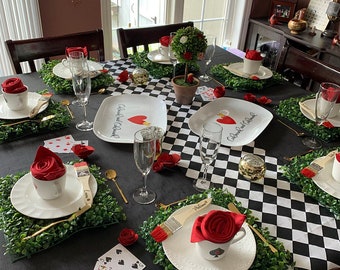 Zwart-wit tafelloper Diamond Wedding Table Centerpiece Black Linens Alice in Wonderland Mad Hatter Party Decor Harlequin Runner