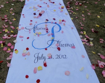 Aisle Runner Wedding Monogram Isle Runner Hand Painted Real Fabric Runner Wedding Ceremony Decor Isle Runner White Ivory Decoration