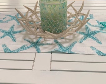 Beach Wedding Table Decor Nautical Runner Centerpiece Aqua Blue Linens Starfish Sea Shell Destination Reception