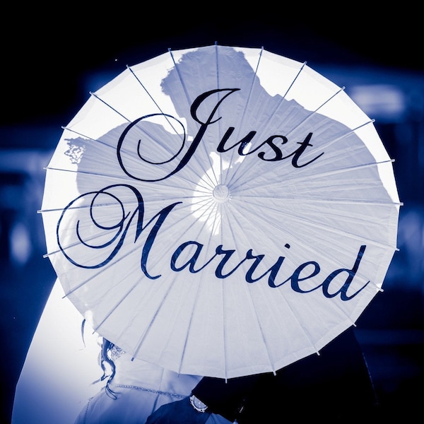 Just Married Parasol Wedding Decor Bridal Accessory Umbrella Wedding Photography Sign White Silver Gold Parasol Just Married Banner