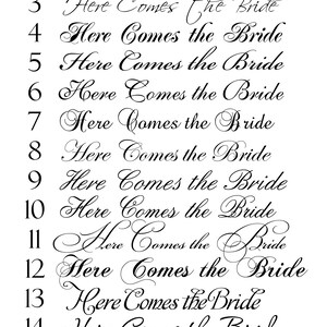 May include: A printable sign with the phrase "Here Comes the Bride" repeated 16 times, numbered 1 through 16. The text is written in a cursive font.