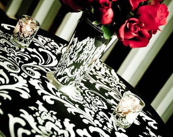 Black and White Table Square Overlay Floral Linens Wedding Centerpiece Black Damask Reception Shower Dinner Party Decor