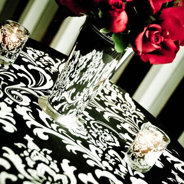Black and White Table Square Overlay Floral Table Linens Wedding Centerpiece Black Damask Linens Reception Shower Dinner Party Decor