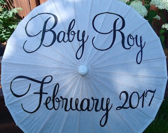 Baby Announcement Sign: Maternity Photography Prop Parasol, Shower Gift, Pregnancy Gender Reveal Idea