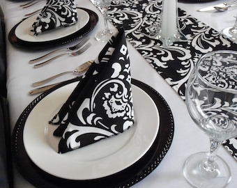 Black and White Napkins: Floral Damask Set, Wedding Table Centerpiece Decor, Fabric Linens