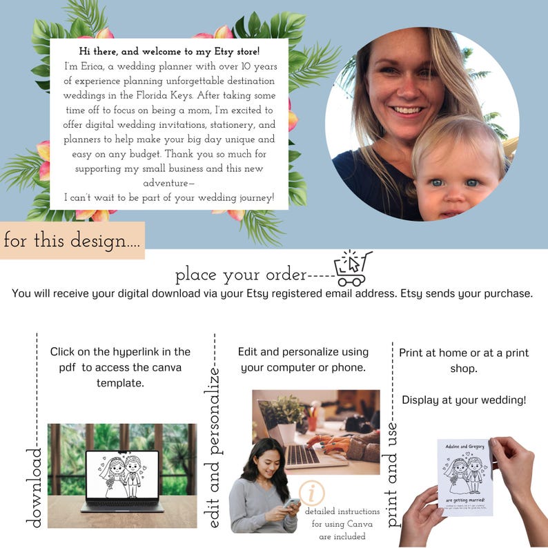 Puede incluir: Una descarga digital para una invitaci&oacute;n de boda, papeler&iacute;a o un planificador. La imagen muestra a una mujer y un ni&ntilde;o, una computadora port&aacute;til con una ilustraci&oacute;n de boda y una tarjeta impresa con una ilustraci&oacute;n de boda. El texto en la imagen dice "descargar", "editar y personalizar", "imprimir y usar" y "hacer un pedido".