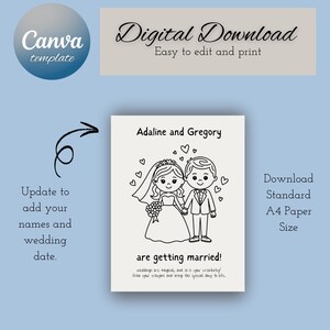 Puede incluir: Una p&aacute;gina para colorear imprimible con una novia y un novio que se casan. La p&aacute;gina incluye el texto "Adaline y Gregory se casan!" y "Las bodas son m&aacute;gicas, y tambi&eacute;n lo es tu creatividad. Coge tus l&aacute;pices de colores y da vida a este d&iacute;a especial."