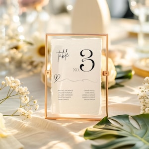 May include: A rectangular table number sign in a gold frame. The sign features the word "table" and the number "3" in elegant black script. Below the number are the words "NO." and a list of names. The background is a soft, off-white color.