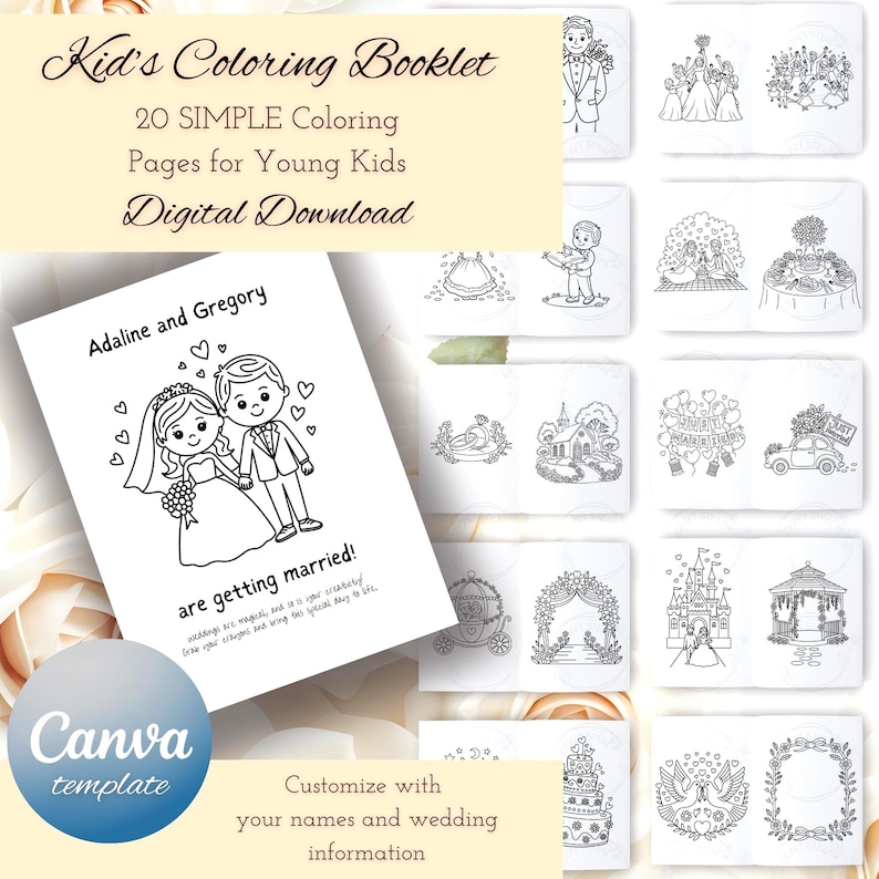 Plantilla de libro para colorear para niños con actividades para el día de la boda, decoración de bodas imprimible, actividades para la mesa infantil, páginas para colorear para la recepción de la boda imagen 2