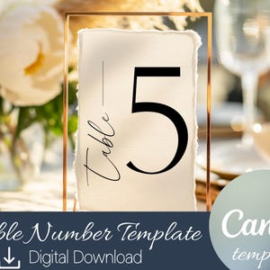 May include: A table number five card in a gold frame. The number is in a bold black font. The word "Table" is written in a script font. The bottom of the image has the text "Table Number Template" and "Digital Download".