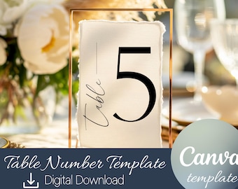 Plantilla minimalista para números de mesa de boda: diseño imprimible en Canva (descarga digital de 5x7 pulgadas)