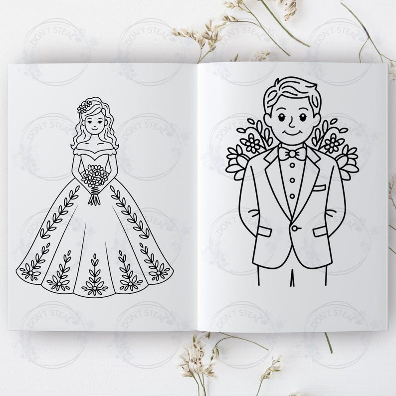 Puede incluir: Un dibujo en blanco y negro de una novia y un novio. La novia lleva un vestido largo con detalles florales y sostiene un ramo de flores. El novio lleva un esmoquin con pajarita.