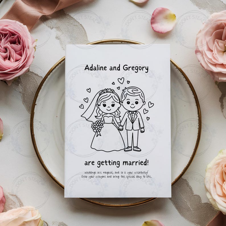Puede incluir: Una p&aacute;gina para colorear imprimible con una novia y un novio de dibujos animados con el texto "Adaline y Gregory se casan!" Las bodas son m&aacute;gicas, y tambi&eacute;n lo es tu creatividad. Coge tus l&aacute;pices de colores y dale vida a este d&iacute;a especial.
