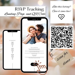 以下が含まれることがあります： 結婚式のRSVPランディングページが表示された携帯電話の画面。カップル写真、QRコード、
