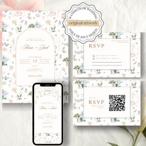 以下が含まれることがあります： 教会、花、トワルドジュイのパターンを特徴とする水彩画のデザインが施された結婚式の招待状セット。招待状には、カップルの名前、結婚式の日付、場所が記載されています。RSVPカードには、ゲストがオンラインで返信するためのQRコードがあります。