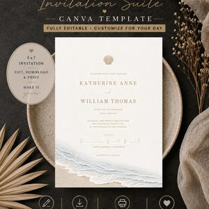 May include: Wedding invitation suite template with a beach theme. The invitation features the names Katherine Anne and William Thomas. The text includes "Canva Template" and "Fully Editable". The design includes a seashell and a beach scene.