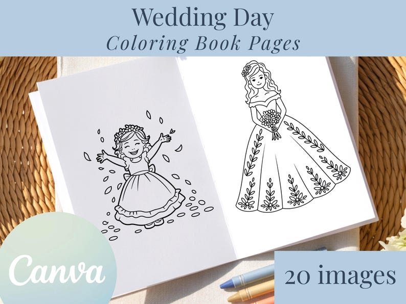 Plantilla de libro para colorear para niños con actividades para el día de la boda, decoración de bodas imprimible, actividades para la mesa infantil, páginas para colorear para la recepción de la boda imagen 1
