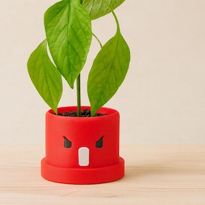 May include: A vibrant green plant with large leaves sprouts from a red, cartoon-faced planter. The planter has a small, white rectangular mouth and black triangular eyes. The plant is set on a light wood surface.
