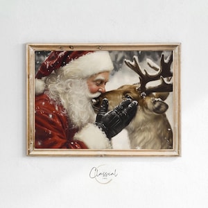 Retro Santa Wall Art, Vintage Santa Reindeer Print, Rustic Christmas Printables Download, Digital Holiday Decor, Art 93