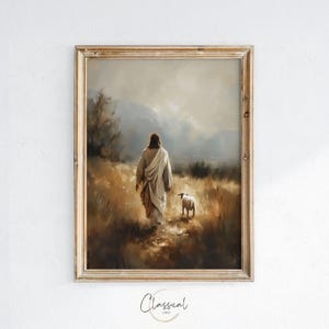 Obra de arte cristiana IMPRIMIBLE, Jesús caminando con cordero, arte de pared, impresión de paisaje sereno, arte de Jesús, decoración de arte de pared, descarga digital, arte 112