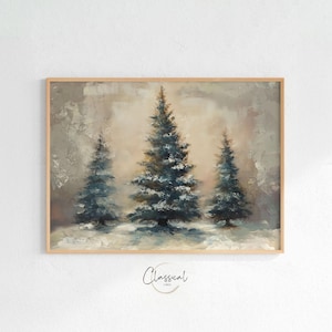 Impresión de árbol de hoja perenne nevado, arte mural de bosque invernal y acuarela navideña, póster de pino nevado, Arte 9