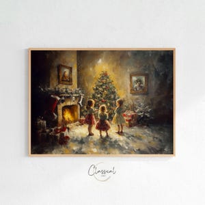 Children next to Christmas Tree Print, Printable Vintage Christmas Wall Art, Rustic Christmas Art, Christmas Tree Home Decor, Art 32