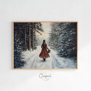 Arte rústico nevado invernal: decoración navideña vintage, arte mural imprimible con paisaje de bosque invernal de mujer, decoración navideña cottagecore, Art 44