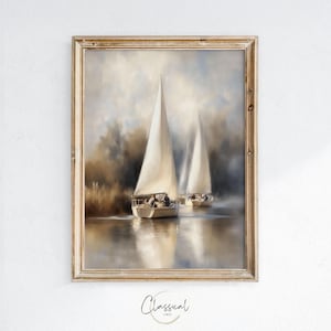 PRINTABLE Vintage Sailboat Painting Print, Nautical Wall Art Decor, Summer Home Art, Antique Seascape Print, Digital download, Art 288
