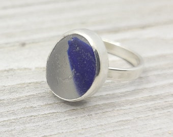 Blue and white multi sea glass ring in sterling silver size 7