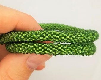 Silver lined lime green bangle bracelet tubular seed bead crochet bangle