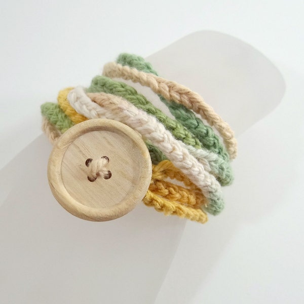 Yarn Wrap Bracelet, Crochet Cotton Yarn Bracelet in Fall Colors Yellows Greens and Whites