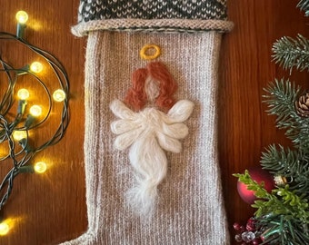 Large Handmade Christmas Stocking | Cozy Wool Knit with Needle-Felted Auburn Angel Design | Personalization Available