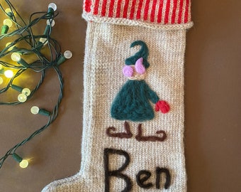 Handmade Wool Christmas Stocking: Needle Felted Elf, Personalized