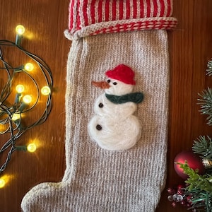 May include: A knitted Christmas stocking with a snowman design. The stocking is beige with a red and white striped cuff. The snowman is white with a red hat, green scarf, and black eyes and buttons.