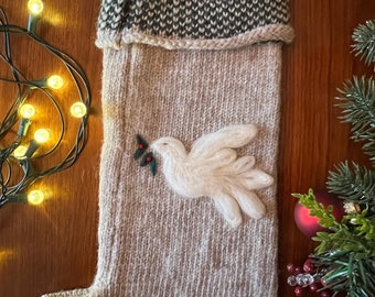 Large Handmade Christmas Stocking | Cozy Wool Knit with Needle-Felted Christmas Dove Design | Personalization Available