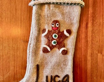 Large Handmade Christmas Stocking | Cozy Wool Knit with Needle-Felted Gingerbread Man Design | Personalization Available