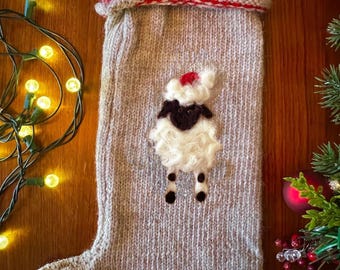 Handmade Wool Christmas Stocking: Knit Sheep Applique, Personalized