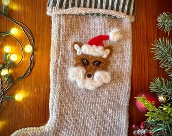 Large Handmade Christmas Stocking | Cozy Wool Knit with Needle-Felted Woodland Fox Design | Personalization Available