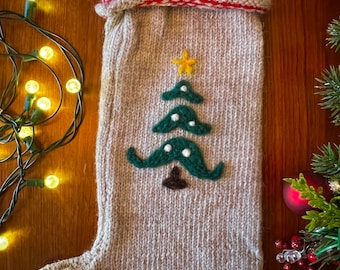 Large Handmade Christmas Stocking | Cozy Wool Knit with Needle-Felted Tree Design | Personalization Available