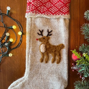 Large Handmade Christmas Stocking | Cozy Wool Knit with Needle-Felted Rudolph-Inspired Reindeer Design | Personalization Available