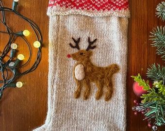 Large Handmade Christmas Stocking | Cozy Wool Knit with Needle-Felted Rudolph-Inspired Reindeer Design | Personalization Available