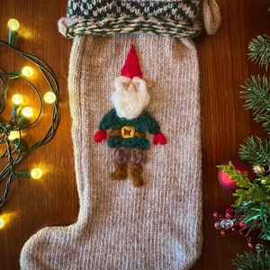 Large Handmade Christmas Stocking | Cozy Wool Knit with Needle-Felted Merry Gnome Design | Personalization Available